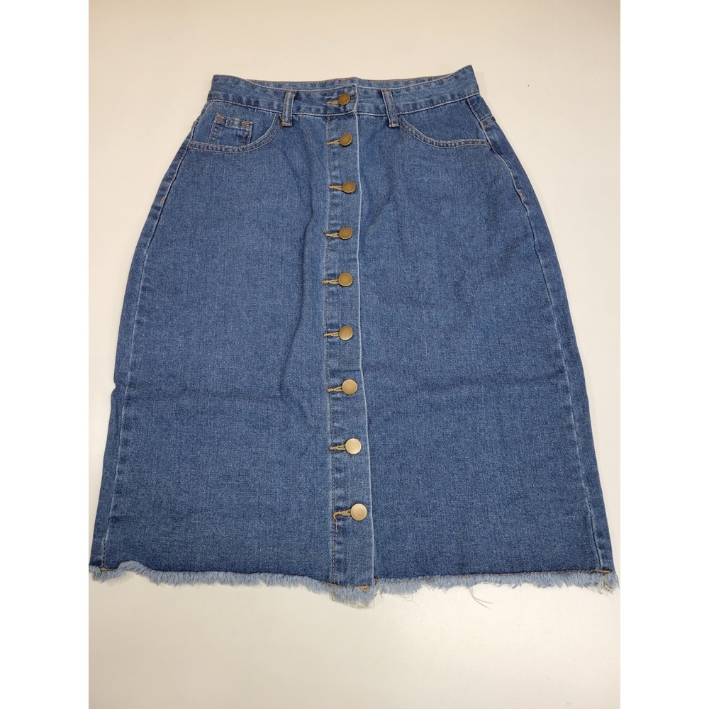 SHEIN Womens Denim Midi Skirt US 6 Button Front Raw Hem Blue Jean Skirt Casual A